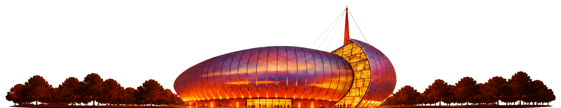 Le Zénith de Rouen illuminé, entouré d’arbres